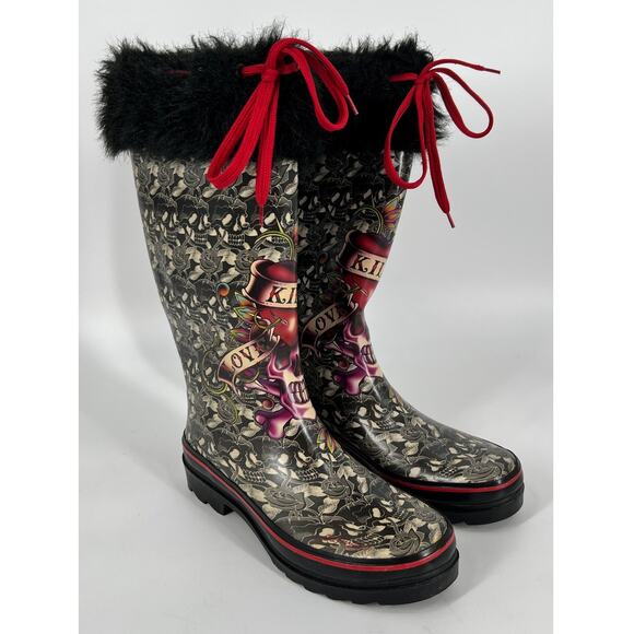 Ed Hardey Rubber Rain Boots Love Kills Slowly Women 9 Black Red Lined FLAW READ - Picture 1 of 10